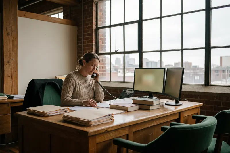 A licensed agent working at a broad wooden desk beside tall studio windows