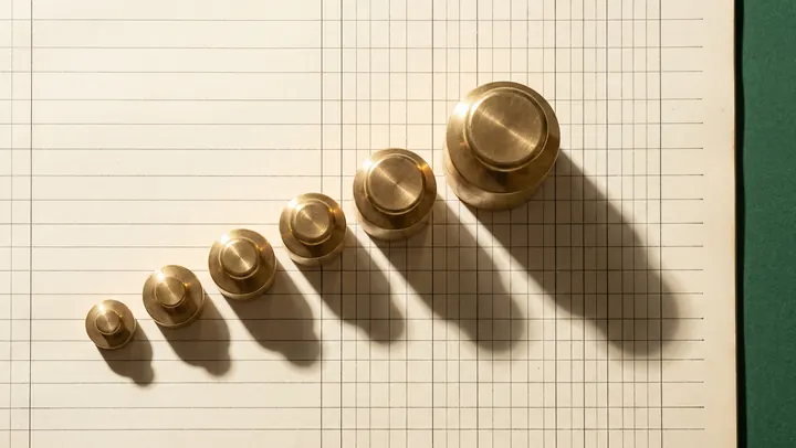 A row of brass balance weights on ruled ledger paper