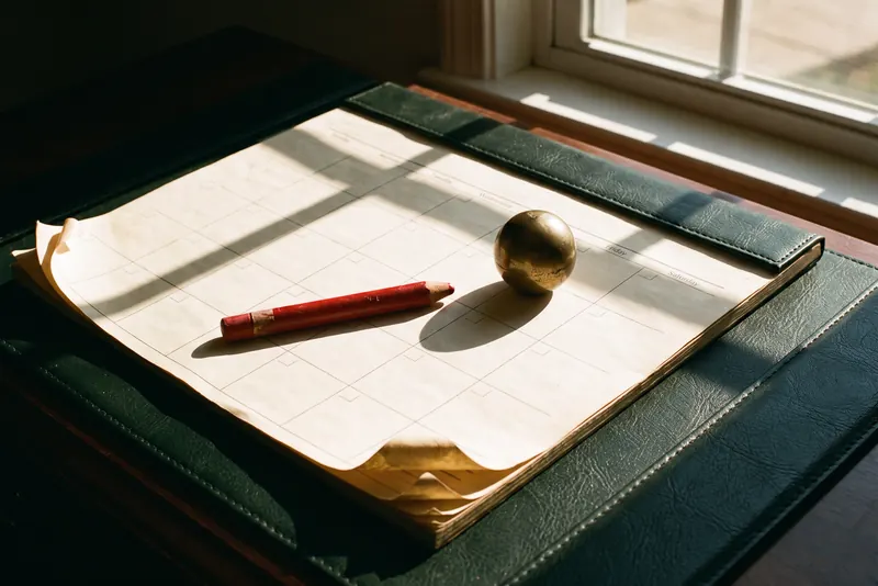 A leather desk pad and fountain pen beside a window, in low winter light