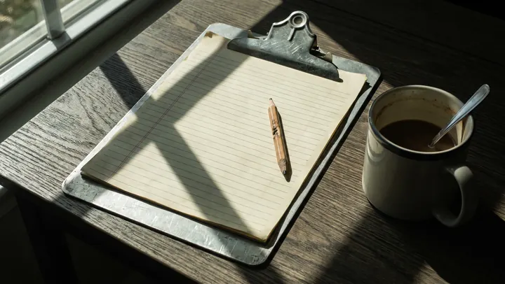 A clipboard and pen beside a cup of coffee on a wooden desk
