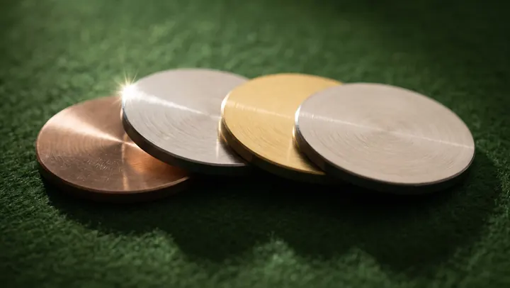 Bronze, silver and gold metal discs overlapping on a green field
