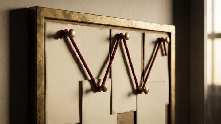 Red thread pinned across a board in a wide angular pattern