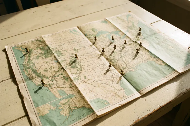 Folded road atlases spread open with small pins marking locations across them