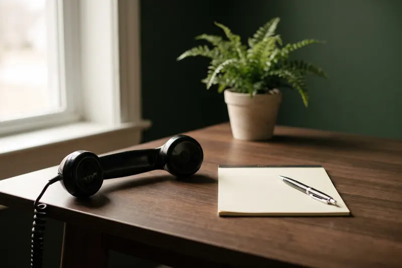 A black rotary desk telephone beside a notepad and a potted plant